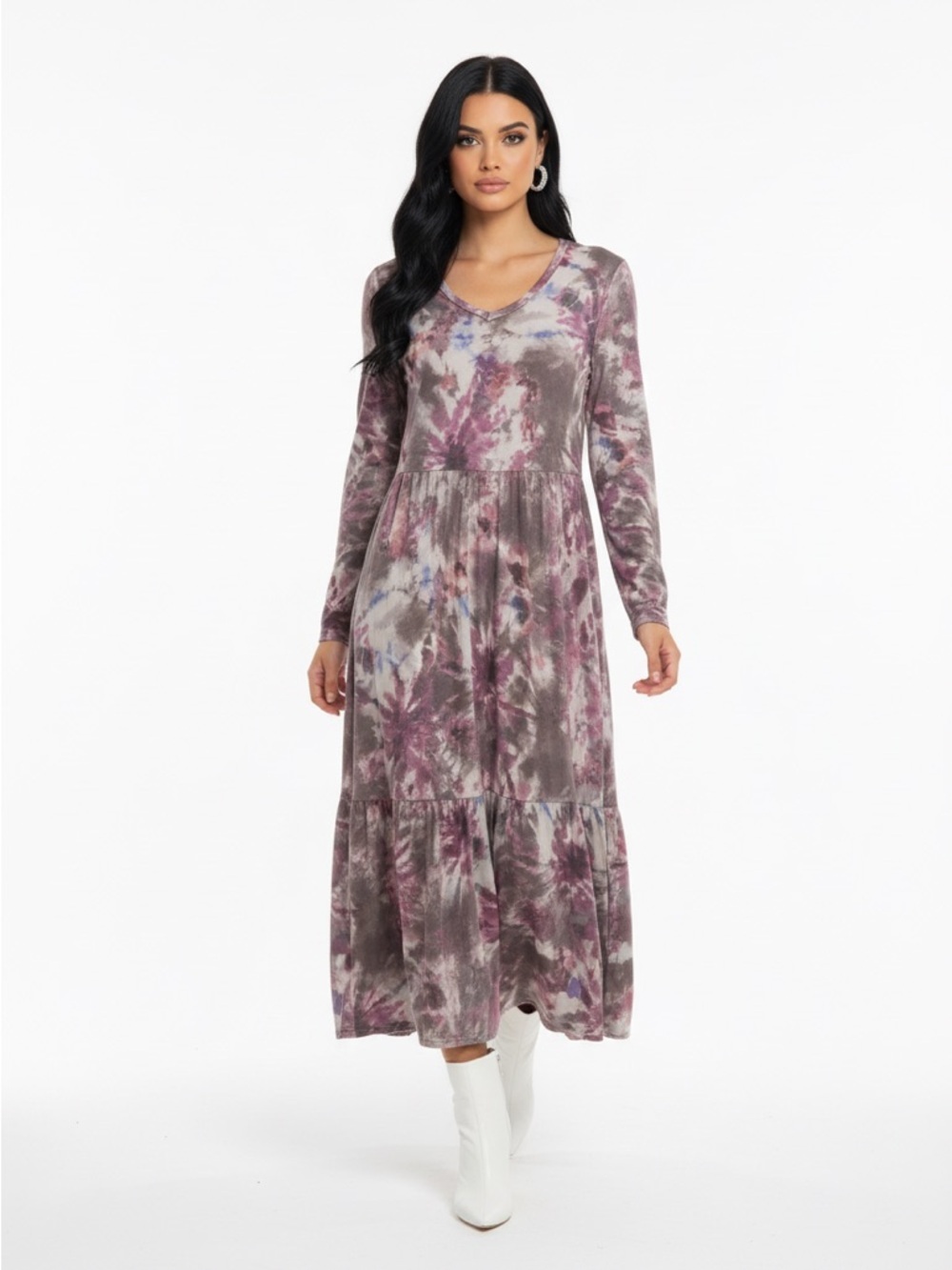 Long Sleeve Tie-Dye Maxi Dress in Mauve